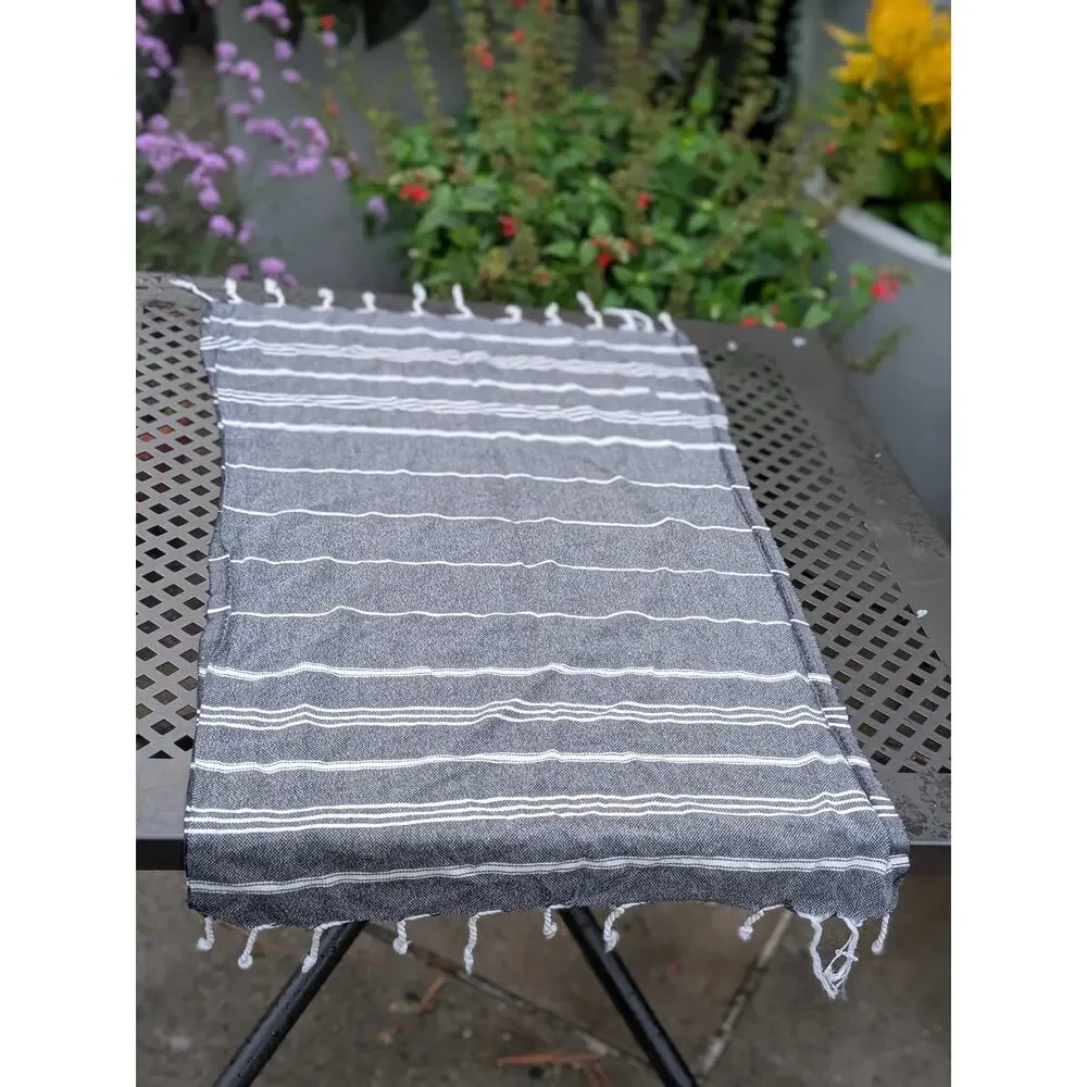 Set of 2 Gray White Striped Tassel Hand Towels